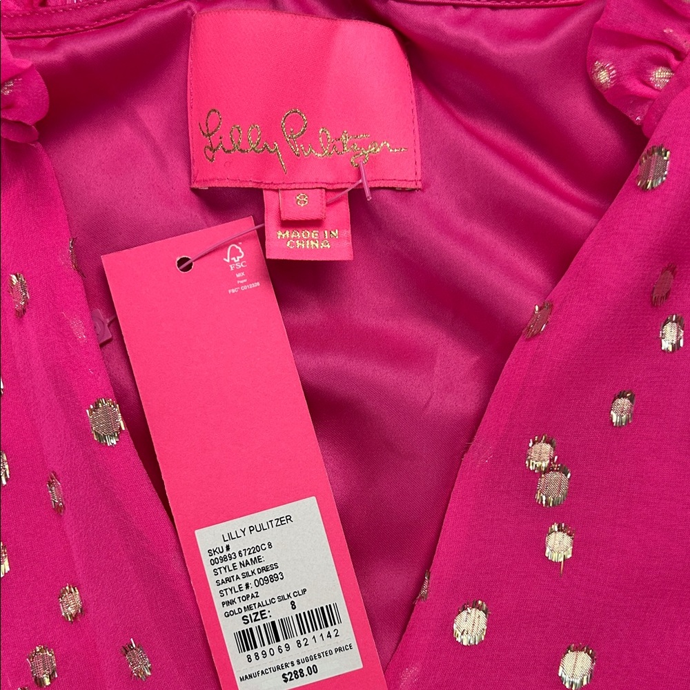 Lilly Pulitzer Sarita Silk Dress Hot Pink with Gold Metallic Dots - Picture 2 of 2